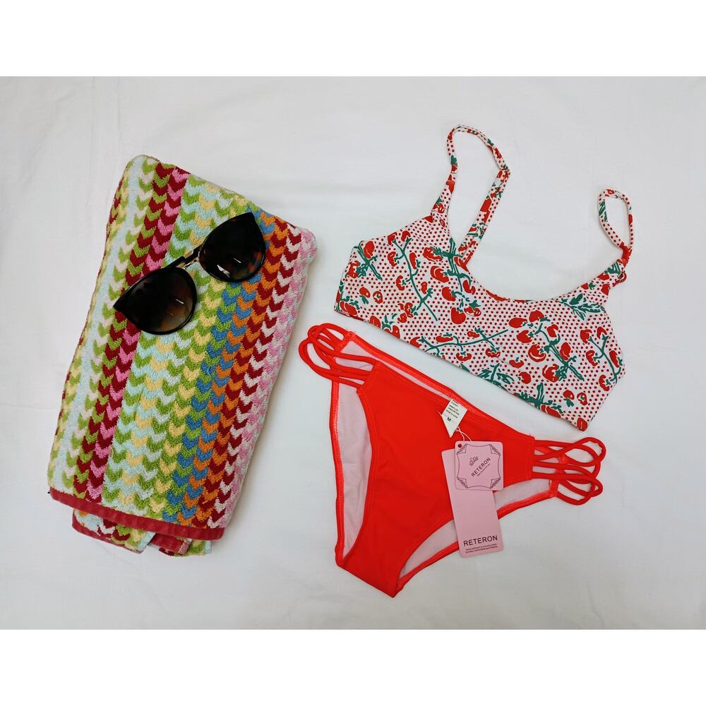 Red Strappy Bikini Bottom Sz M + Romwe Tomato Print Bikini Top - Sz XS - NWT